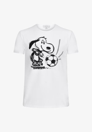 Biała bawełniana koszulka z krótkim rękawem z ilustracją czarno-szarego kreskówkowego psa i piłki nożnej z przodu. Okrągły dekolt.