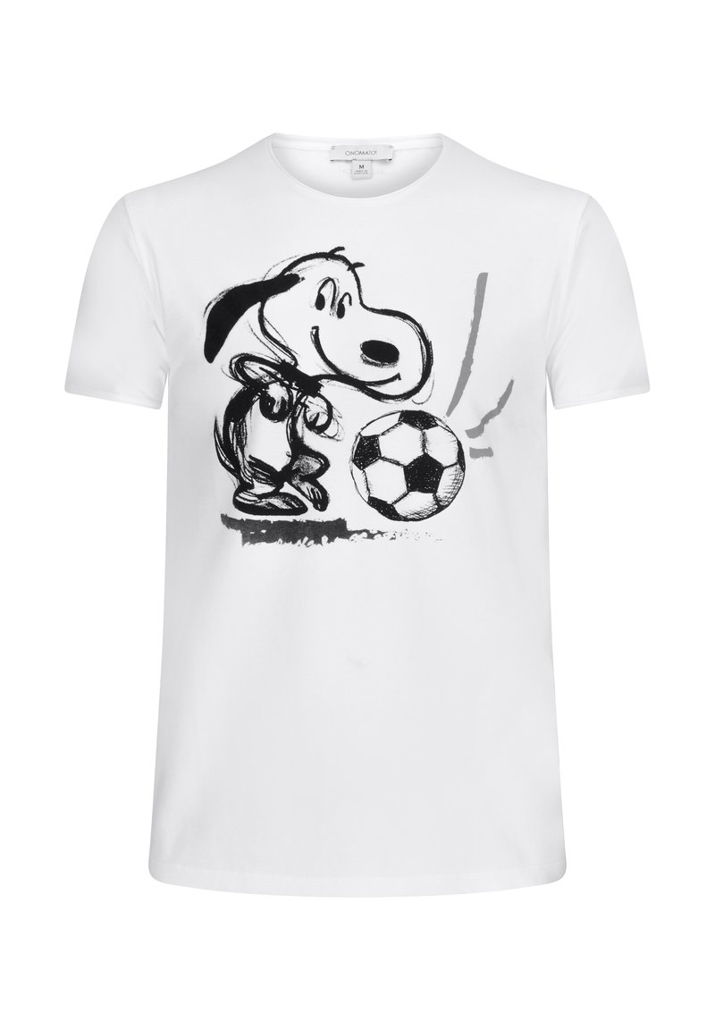 Weißes Baumwoll-T-Shirt mit einer Illustration eines schwarz-grauen Cartoon-Hundes und einem Fußball auf der Vorderseite. Kurzärmelig, Rundhalsausschnitt.