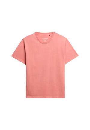 T-shirt z krótkim rękawem z jasnoróżowej bawełny, z okrągłym dekoltem, z subtelnym logo na środku, gładką fakturą i luźnym krojem.