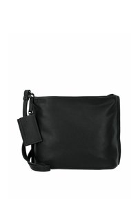 Borsa a tracolla nera in pelle con texture a ciottoli. Presenta una tracolla regolabile e un portacarte removibile attaccato di lato.