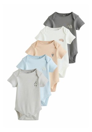 Set aus fünf Babybodys in Grau, Weiß, Blau, Pfirsich und Hellgrau. Mit kurzen Ärmeln, Rundhalsausschnitten und kleinen Grafiken auf ausgewählten Teilen.
