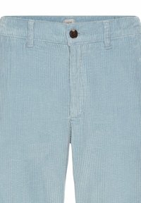 Pantalon en velours côtelé bleu clair avec des côtes verticales, fermeture à boutons sur le devant, passants pour ceinture et coutures apparentes à la taille et à la braguette.