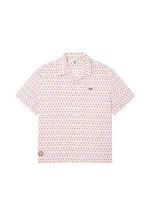 Weißes, kurzärmeliges Hemd mit Knopfleiste, rosa wiederholtem Eiscreme-Muster, Hemdkragen und kleinem grünen Krokodil-Logo auf der Brust.