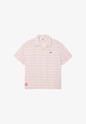 Wit overhemd met korte mouwen en knopen, bedrukt met een roze herhalend ijsjesmotief, met een spreadkraag en een klein groen krokodillenlogo op de borst.
