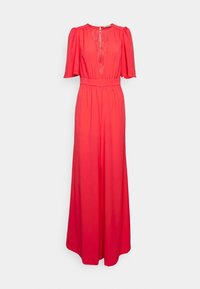 Red jumpsuit with a deep V-neck and lace detailing, featuring short flutter sleeves and a belted waist for a flowing silhouette.