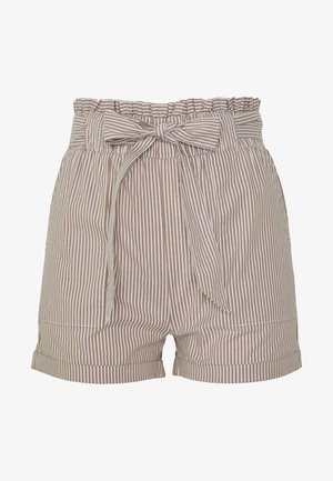 Pantaloni corti a righe in cotone beige e bianco, dotati di una vita elasticizzata arricciata, dettagli con fiocco e orli arrotolati, completi di tasche laterali.