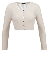 Beige zkrácený pletený cardigan s dlouhými rukávy, kulatým výstřihem a šesti černými knoflíky vpředu.