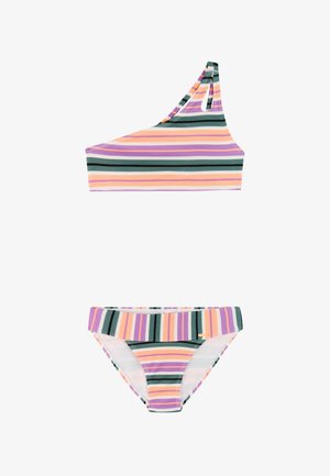 Dvobojni bikini s prugama, gornji dio s jednim ramenom i odgovarajuće gaćice s visokim strukom u ljubičastoj, narančastoj, crnoj i bijeloj boji.