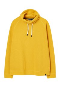 Gul hoodie med krage, långa raglanärmar och två framfickor. Har kontrasterande sömmar och dragsko med svarta spetsar.