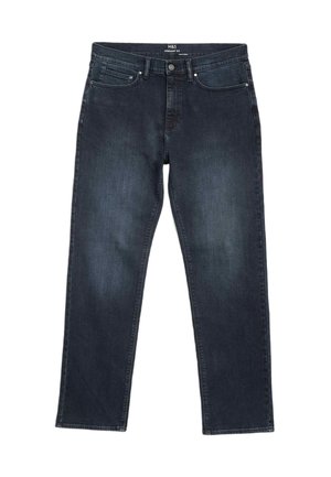 Jean droit bleu foncé avec cinq poches, fermeture par bouton et fermeture éclair, et léger effet délavé sur l'avant des cuisses.