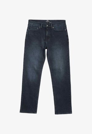 Tmavě modré džíny rovného střihu s pěti kapsami, zapínáním na knoflík a zip a mírně vybledlými detaily na přední části stehen.