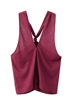Haut sans manches couleur bordeaux avec un dos en forme de V et des bretelles en tissu nouées en un nœud au centre supérieur.