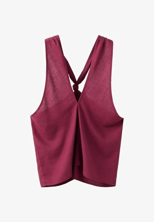 Top bordo fără mâneci, cu spate în formă de V și bretele din material legate într-un nod în partea superioară centrală.