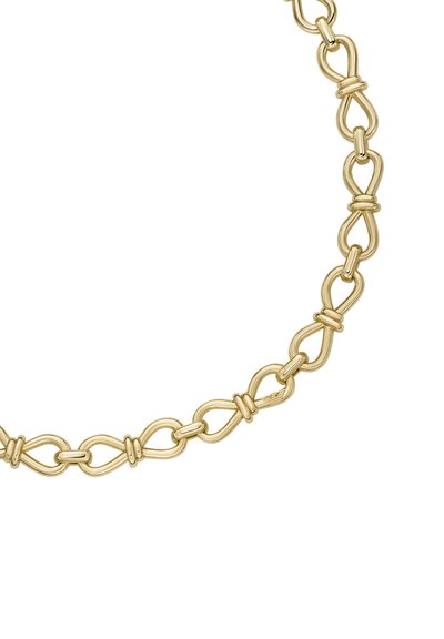 Collier en chaîne dorée composé de maillons ovales entrelacés avec une texture lisse et un léger détail torsadé, créant un design élégant et harmonieux.