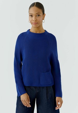 Woman with dark hair in a blue knit sweater with a front pocket and dark pants, standing against a plain light background.