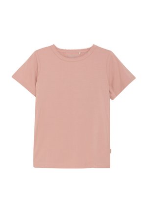 Kortärmad rosa t-shirt i mjukt material, med en scallop-nacke och enkel design, rak fåll och utan mönster eller detaljer.