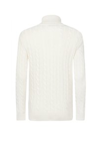 Suéter de punto en color blanco roto, con un cuello alto y patrón de trenzas. Mangas largas con puños y dobladillo acanalados. Textura suave.