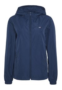 Granatowa, lekka kurtka z zamkiem z przodu, regulowanym kapturem, elastycznymi mankietami i kieszeniami bocznymi. Posiada mały detal z logo na klatce piersiowej.