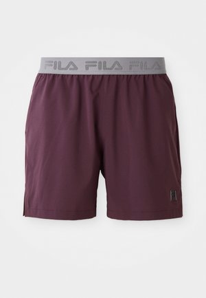 Maroon athletic shorts made of lightweight fabric, featuring a grey elastic waistband with "FILA" logo and side pockets.