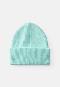 Gorro de malha em verde menta, com um punho canelado e textura suave, apresentando um design de topo afinado para um ajuste confortável.