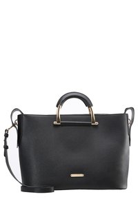 Svart syntetisk toteväska med en strukturerad design, som har gyllene detaljer, ett topphandtag och en avtagbar axelrem.