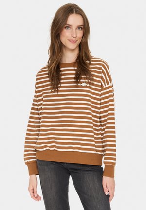 Brown and white striped sweatshirt with a relaxed fit, ribbed cuffs, and a small cloud patch on the chest. Soft fabric texture.