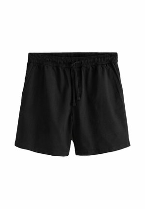 Mustad puuvillased lühikesed püksid elastse vöörihma, nöörkinnituse, küljetaskute ja sirge äärega, mõeldud vabaaja kandmiseks.