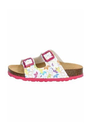 Schuhe: Offene Sandale mit einem mehrfarbigen geometrischen Muster, weißen Riemen, einer Korkfußbett und einer pinken Gummisohle.