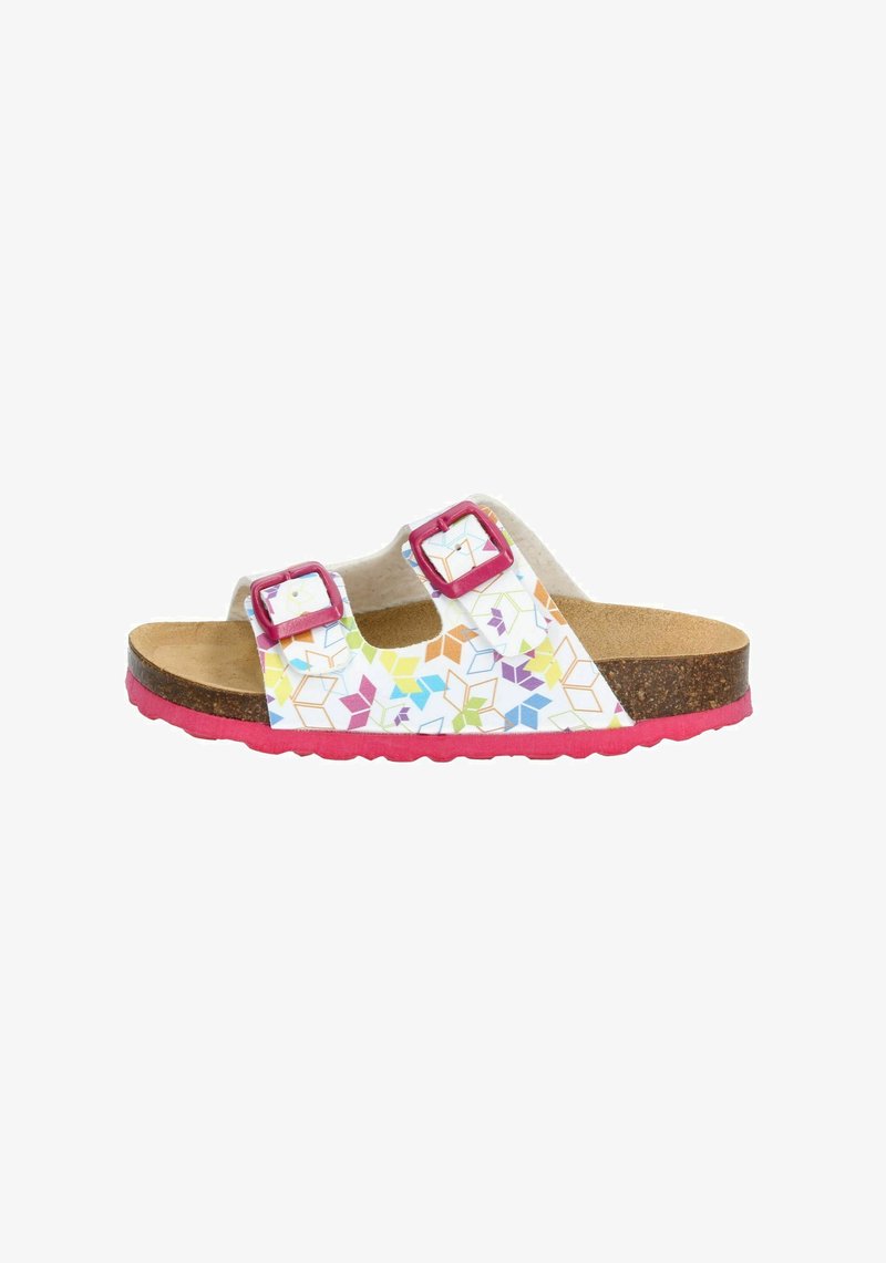 Footwear: Open-toe sandal with a multi-colored geometric pattern, white straps, a cork footbed, and a pink rubber outsole.