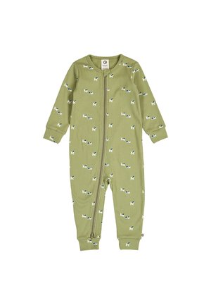 Olivengrøn babybody med lange ærmer, fuld lynlås foran og et lille printmønster af en hvid hund over det hele.