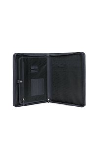 Portfolio in pelle blu scuro con chiusura a zip, dotato di interno testurizzato, diverse fessure per carte e una tasca con zip sicura.