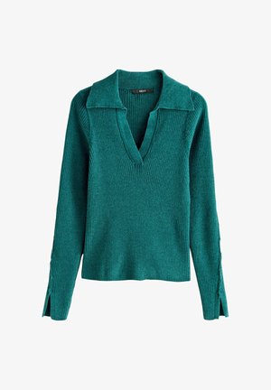 Tiefgrüner, gerippter Strickpullover mit langen Ärmeln, weitem Kragen, V-Ausschnitt und Schlitzärmeln, auf einem weißen Hintergrund präsentiert.