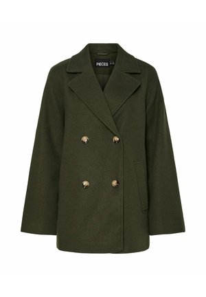 Cappotto doppiopetto in mischia di lana verde scuro. Caratterizzato da grandi rever, bottoni oro e tasche laterali. Vestibilità rilassata con una forma strutturata.