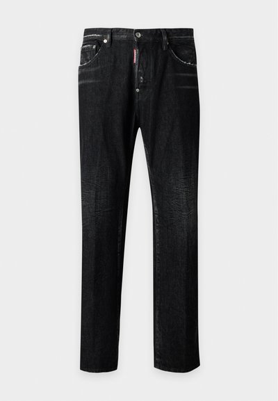 Jean noir droit en denim avec fermeture à boutons sur le devant, design cinq poches et détails subtils d'effacement.