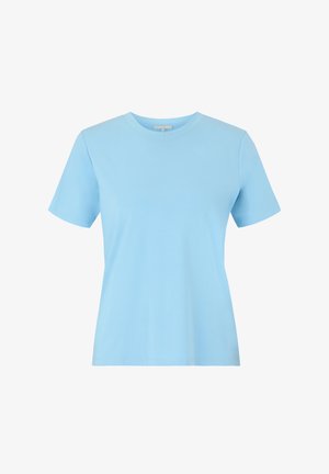 T-shirt en coton bleu clair avec un col rond et des manches courtes. Présente un design simple et épuré ainsi qu'une texture douce.