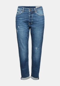 Vaaleansiniset denim-farkut, joissa on rento leikkaus, haalistunut pinta ja kulutustekstejä. Suorat lahkeet, käänteet helmassa ja klassinen viisi-taskuinen muotoilu.