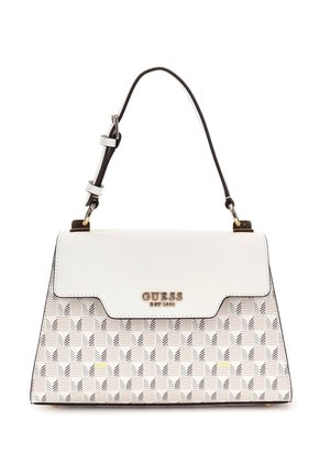 Sac à main Guess blanc et beige avec motif géométrique, logo doré sur le rabat avant, et bandoulière noire réglable.