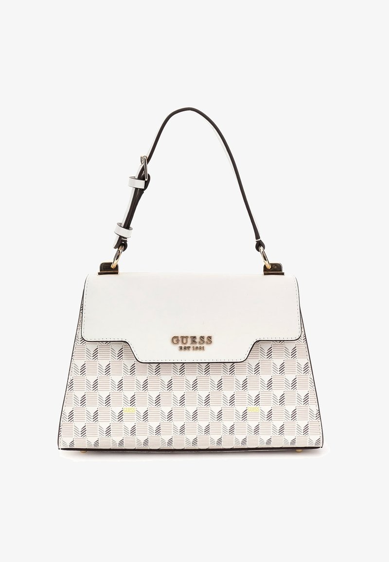 Sac à main Guess blanc et beige avec motif géométrique, logo doré sur le rabat avant, et bandoulière noire réglable.