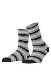 Gestreifte Socken mit abwechselnden Bändern in Grau, Marineblau und Creme; atmungsaktiver Stoff mit einem Muster und geripptem Bund.