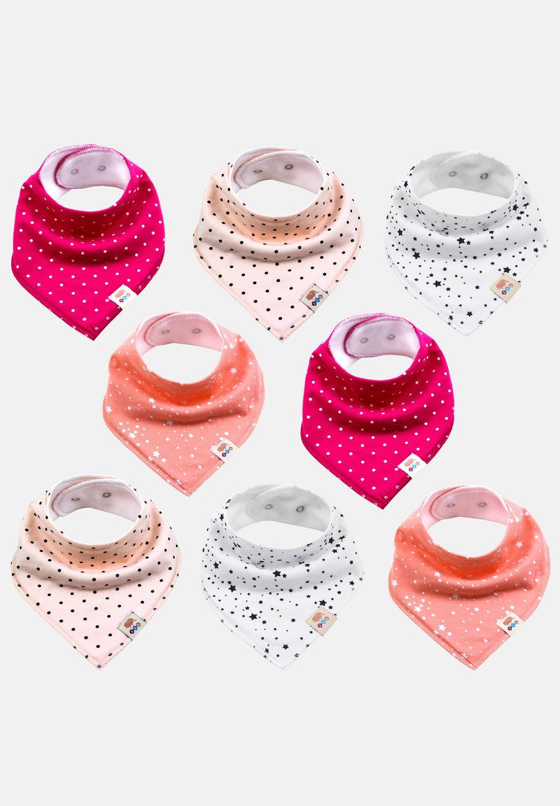 Acht stoffen bandana's in roze, perzik en wit, met stippen- en sterrenpatronen, voorzien van drukknoopsluitingen. Zachte textuur en driehoekige vorm.