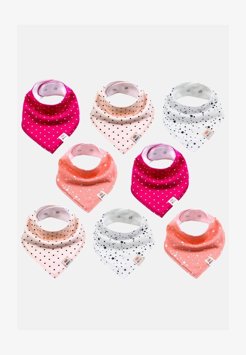 Huit bandanas en tissu de couleur rose, pêche et blanche, ornées de motifs à pois et d'étoiles, avec des fermetures à pression. Texture douce et forme triangulaire.
