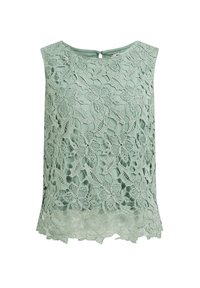 Spetstopp i mintgrön med blommönster, rundad halsringning och nyckelhålsdetalj på ryggen. Mjuk texturerad överdrag med en genomskinlig finish vid fållen.