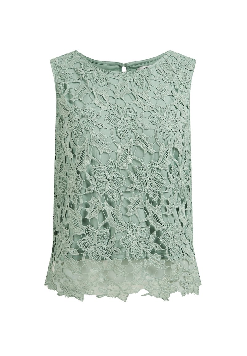 Spetstopp i mintgrön med blommönster, rundad halsringning och nyckelhålsdetalj på ryggen. Mjuk texturerad överdrag med en genomskinlig finish vid fållen.