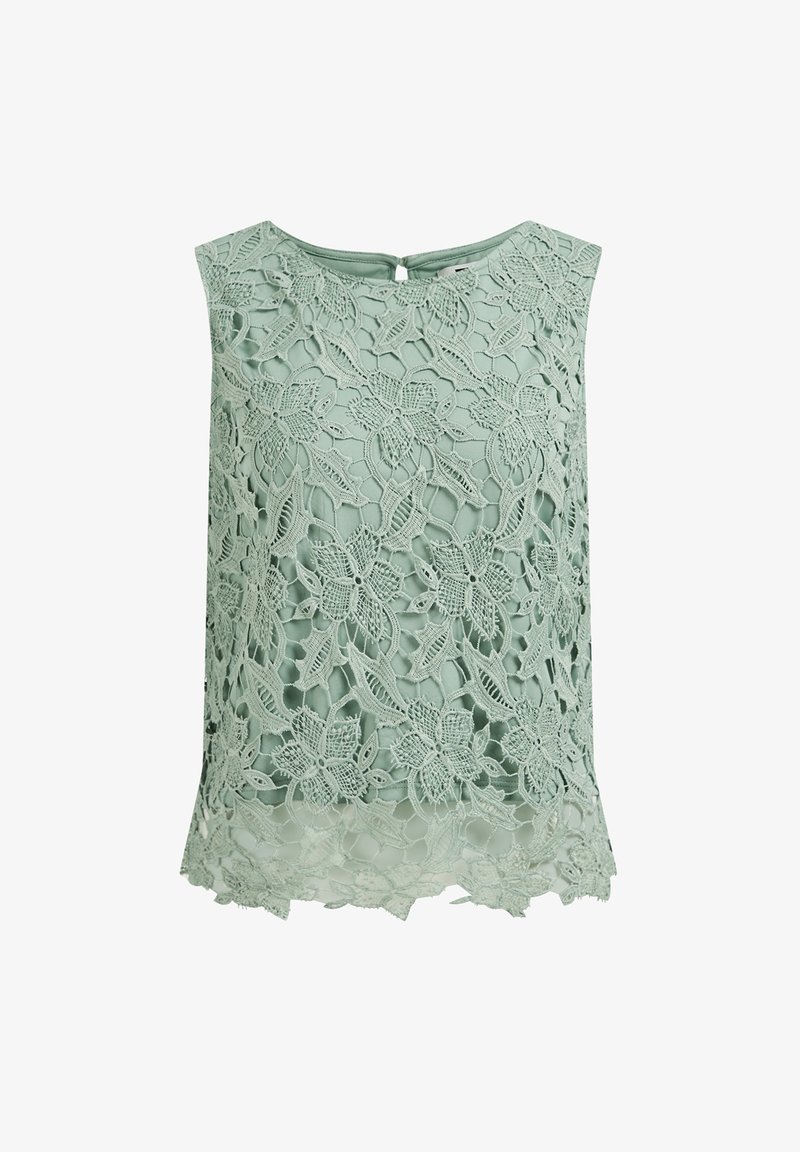 Spetstopp i mintgrön med blommönster, rundad halsringning och nyckelhålsdetalj på ryggen. Mjuk texturerad överdrag med en genomskinlig finish vid fållen.
