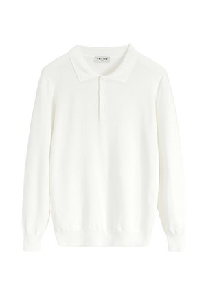 Polo shirt blanc à manches longues en tissu tricoté doux, doté d'un col classique, d'une patte de boutonnage à trois boutons et de poignets côtelés.