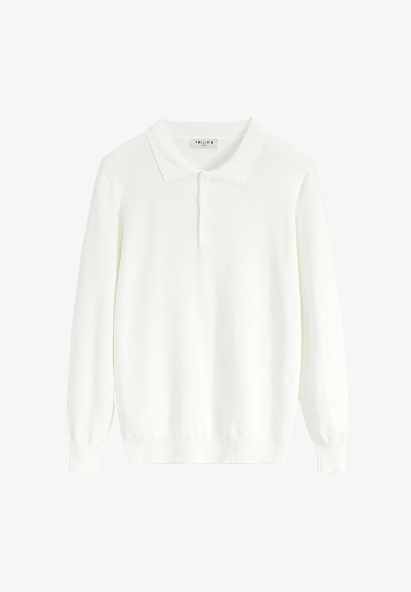 Polo shirt blanc à manches longues en tissu tricoté doux, doté d'un col classique, d'une patte de boutonnage à trois boutons et de poignets côtelés.