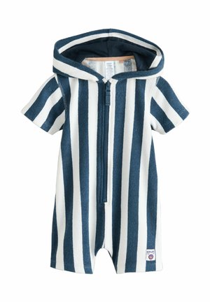 Børns kortærmede hættetrøje-overalls med lodrette navyblå og hvide striber samt en lynlås foran.