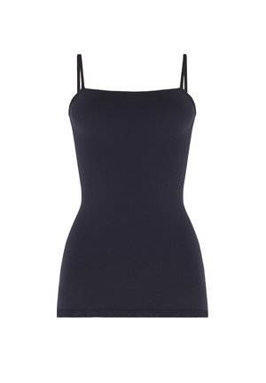 Sort, tætsiddende tanktop med tynde, justerbare spaghetti-stropper. Glat stof med en glat tekstur og en lige kant ved taljen.