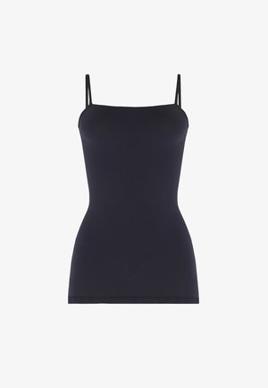 Sort, tætsiddende tanktop med tynde, justerbare spaghetti-stropper. Glat stof med en glat tekstur og en lige kant ved taljen.