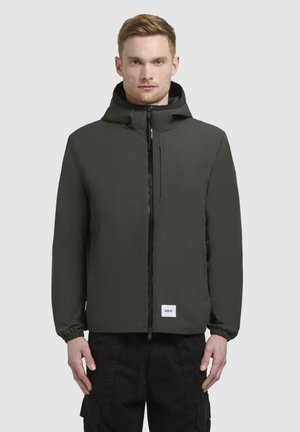 Herren-Hoodie aus dunkelgrauem Stoff mit glatter Textur, durchgehendem Reißverschluss, elastischen Bündchen und einem Logopatch am Saum.